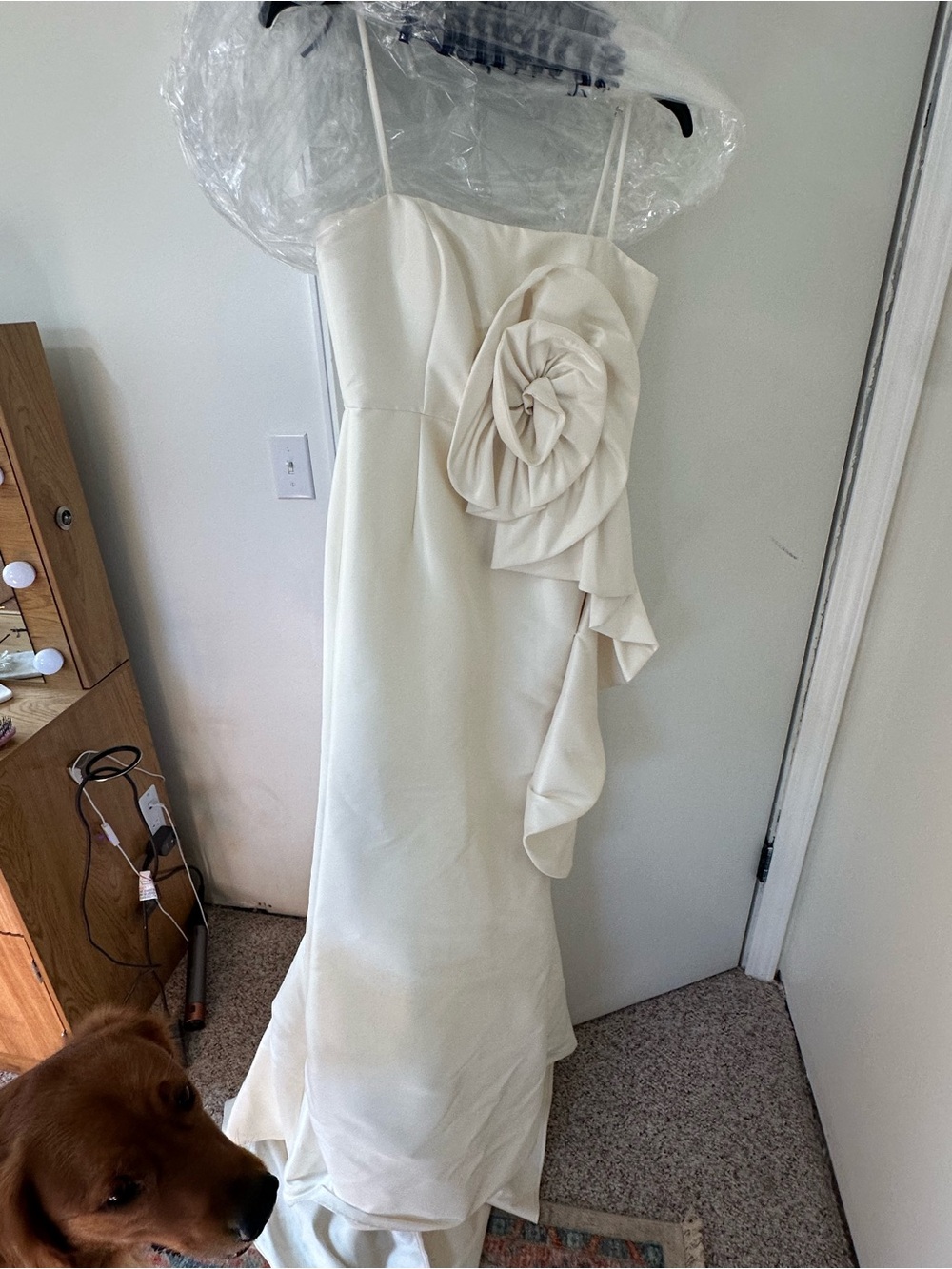 Ivory Spaghetti-Strap Wedding Dress with Rosette Accent